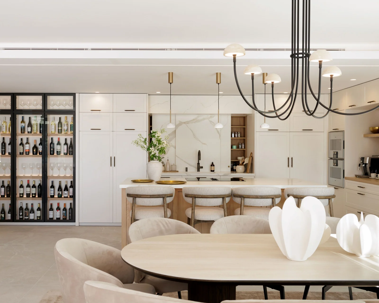 Open-plan dining area and kitchen following the full refurbishment of Villa Agata