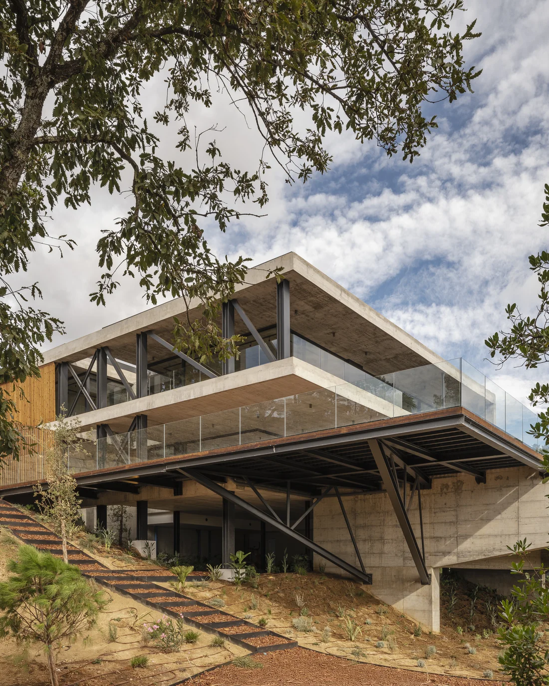 Villa contemporánea construida sobre una ladera de montaña entre encinas