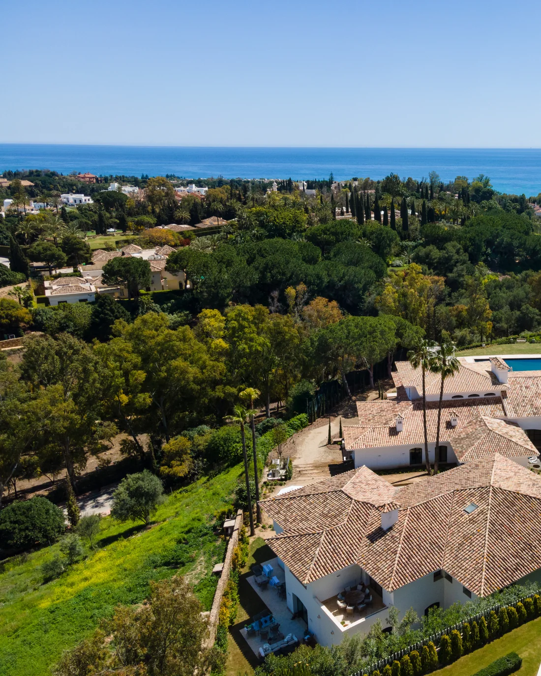 Vista aérea de una finca con villa entre pinos y el mar al fondo